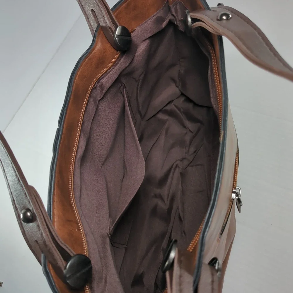 Brown Soft Vegan Leather‎ Satchel Handbag Multi-Pocket Organizer Purse  NEW